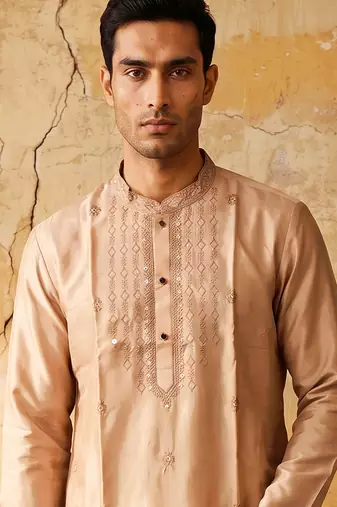 Peach silk embroidery and sequin work kurta with cream pajama     elegant party wear look