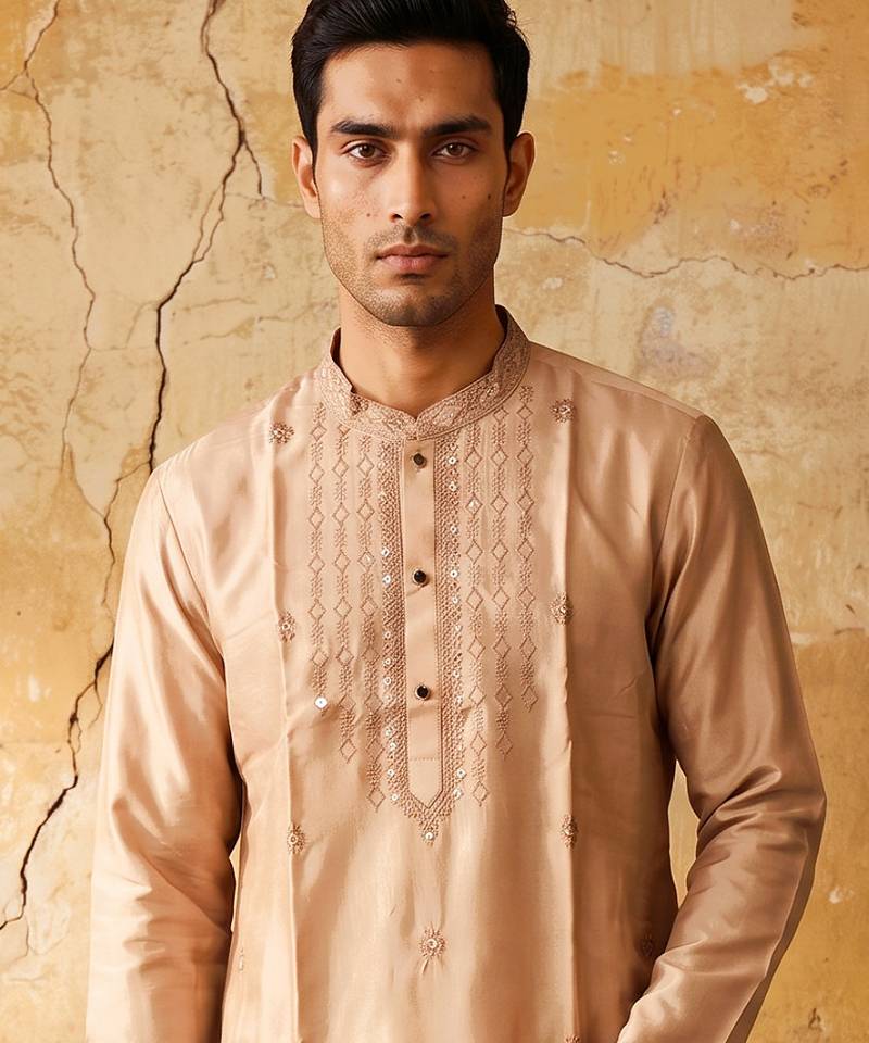 Peach silk embroidery and sequin work kurta with cream pajama     elegant party wear look