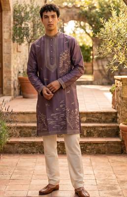 Royal purple roman silk embroidered kurta with cream pajama     elegant party wear look 1