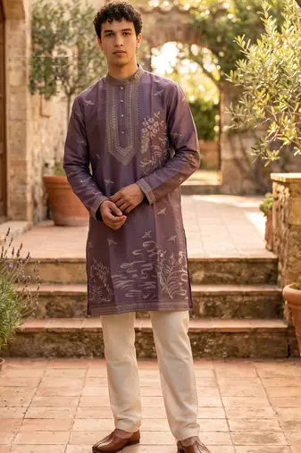 Royal purple roman silk embroidered kurta with cream pajama     elegant party wear look