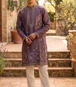 Royal purple roman silk embroidered kurta with cream pajama     elegant party wear look
