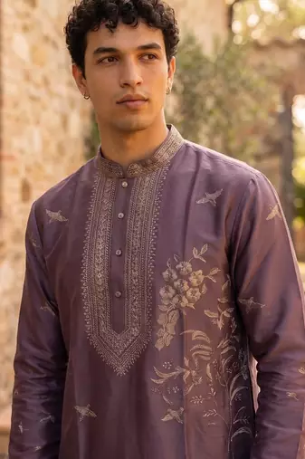Royal purple roman silk embroidered kurta with cream pajama     elegant party wear look