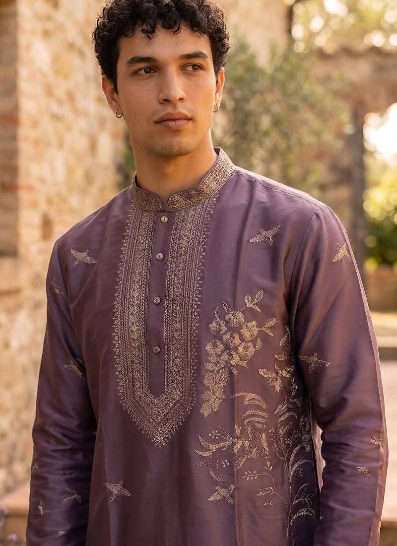 Royal purple roman silk embroidered kurta with cream pajama     elegant party wear look