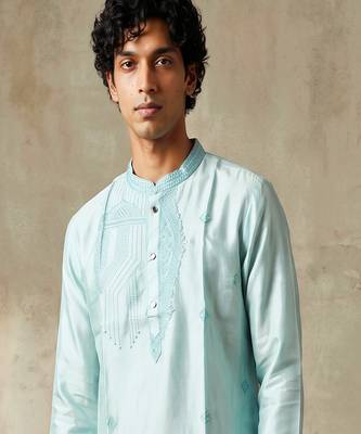 Sky blue silk embroidered kurta with cream pajama     elegant party wear look 2