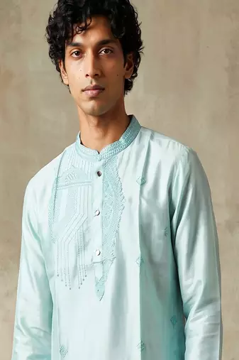 Sky blue silk embroidered kurta with cream pajama     elegant party wear look