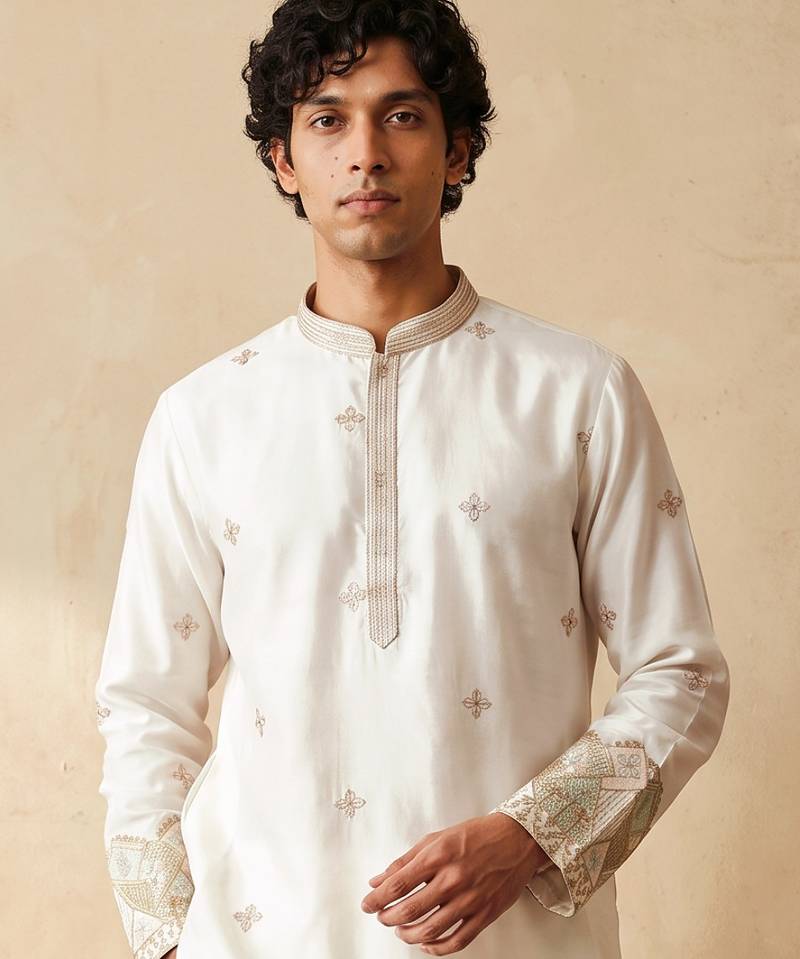 White silk embroidered kurta with cream pajama     elegant party wear look