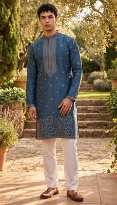 Rama blue roman silk embroidered kurta with cream pajama     elegant party wear look 1