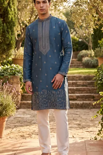 Rama blue roman silk embroidered kurta with cream pajama     elegant party wear look