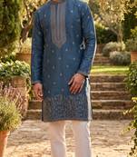 Rama blue roman silk embroidered kurta with cream pajama     elegant party wear look