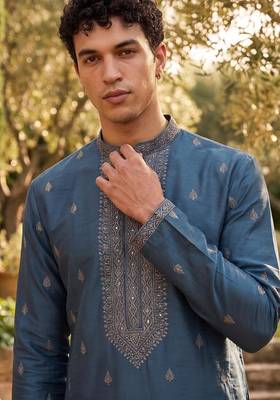 Rama blue roman silk embroidered kurta with cream pajama     elegant party wear look 2