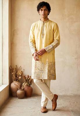 Light yellow colour silk kurta with cream cotton pajama 1