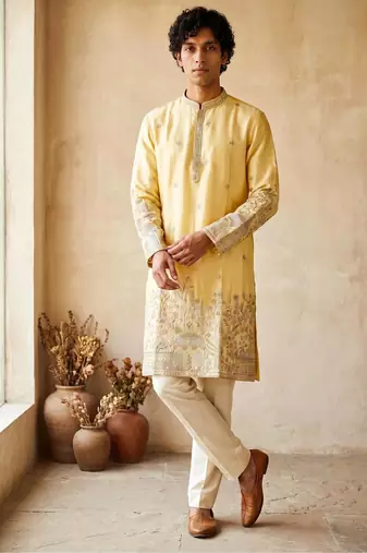 Light yellow colour silk kurta with cream cotton pajama