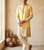 Light yellow colour silk kurta with cream cotton pajama