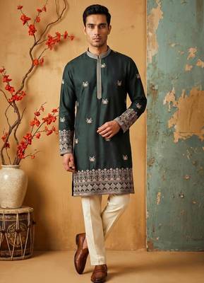Green colour silk kurta with cream cotton pajama 1