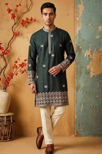 Green colour silk kurta with cream cotton pajama