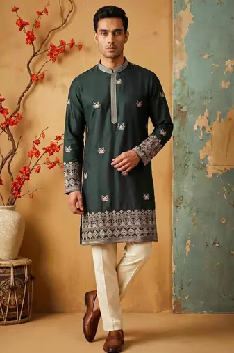 Green colour silk kurta with cream cotton pajama