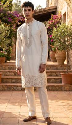 White cotton embroidered kurta with cream pajama     elegant party wear look 1