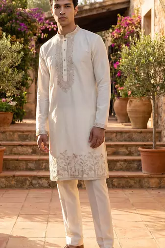 White cotton embroidered kurta with cream pajama     elegant party wear look