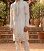 White cotton embroidered kurta with cream pajama     elegant party wear look