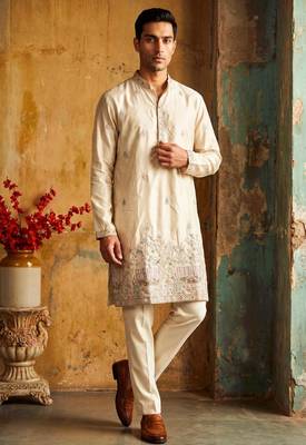 Cream colour silk kurta with cream cotton pajama 1