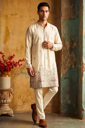 Cream colour silk kurta with cream cotton pajama