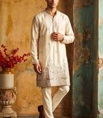 Cream colour silk kurta with cream cotton pajama