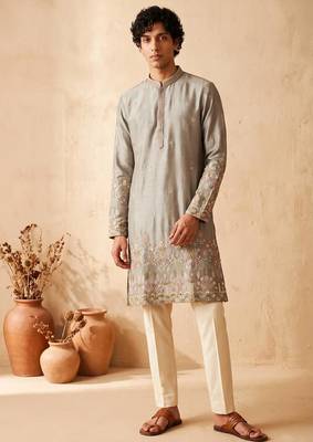 Grey colour silk kurta with cream cotton pajama 1