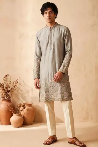 Grey colour silk kurta with cream cotton pajama
