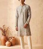 Grey colour silk kurta with cream cotton pajama