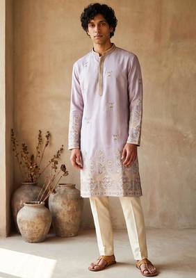 Light purple colour silk kurta with cream cotton pajama 1