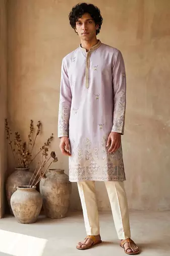 Light purple colour silk kurta with cream cotton pajama