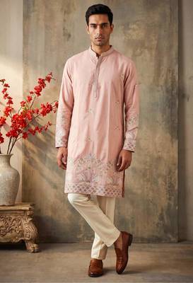 Pink colour silk kurta with cream cotton pajama 1