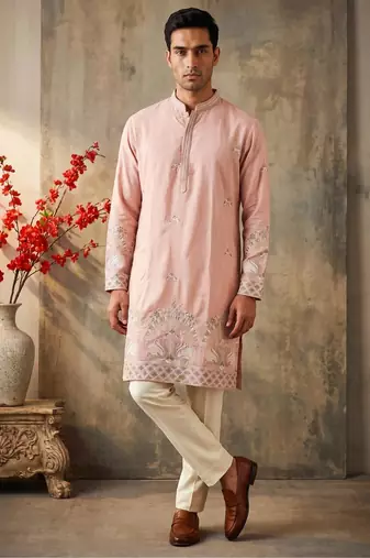 Pink colour silk kurta with cream cotton pajama
