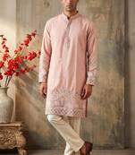 Pink colour silk kurta with cream cotton pajama