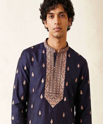Royal blue roman silk embroidered kurta with cream pajama     elegant party wear look 2