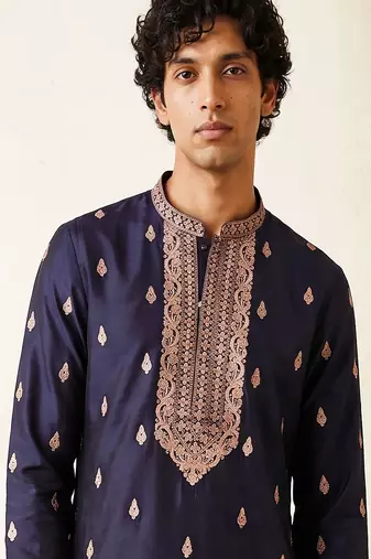 Royal blue roman silk embroidered kurta with cream pajama     elegant party wear look
