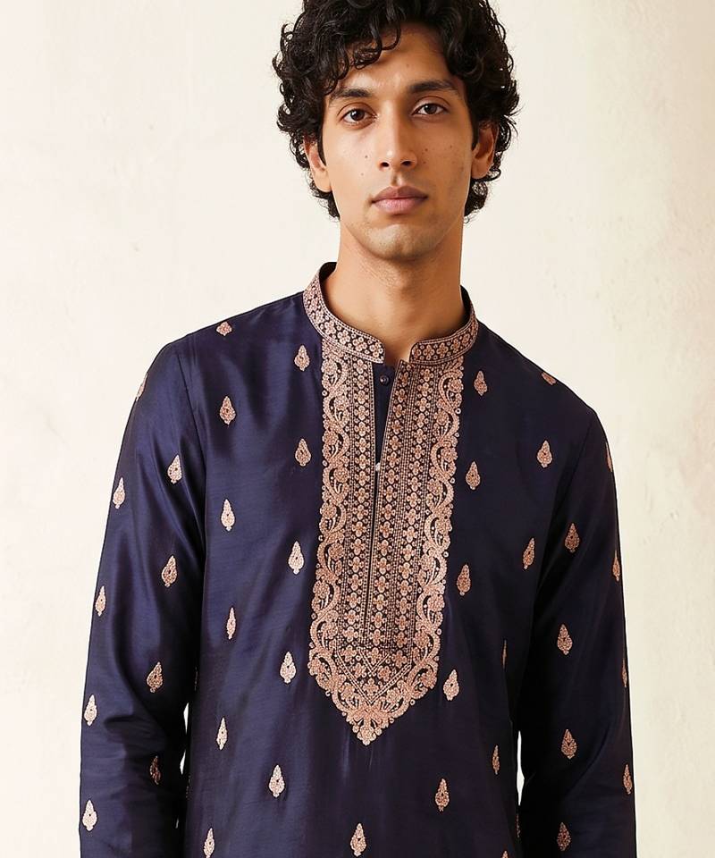 Royal blue roman silk embroidered kurta with cream pajama     elegant party wear look