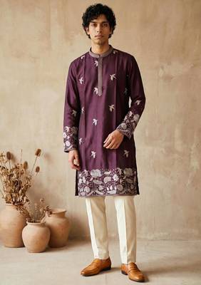 Purple colour silk kurta with cream cotton pajama 1