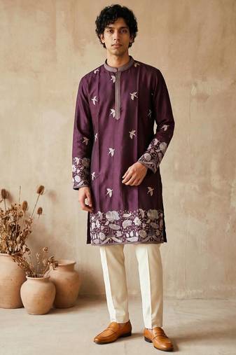 Purple colour silk kurta with cream cotton pajama