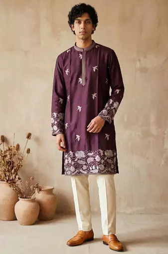 Purple colour silk kurta with cream cotton pajama