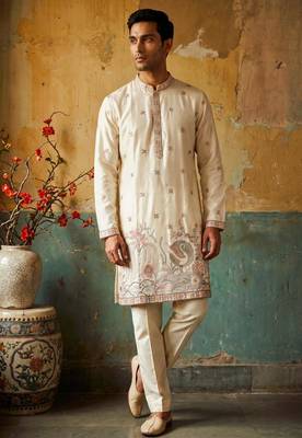 Cream colour silk kurta with cream cotton pajama 1