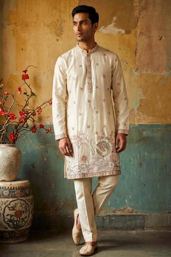 Cream colour silk kurta with cream cotton pajama