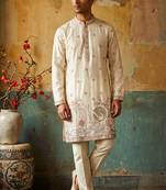 Cream colour silk kurta with cream cotton pajama