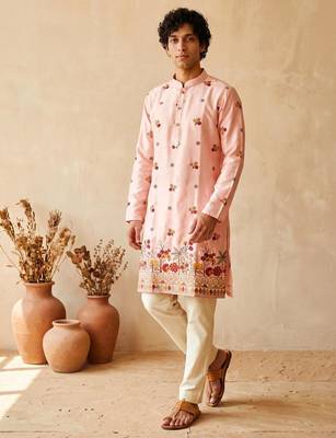 Pink colour silk kurta with cream cotton pajama 1