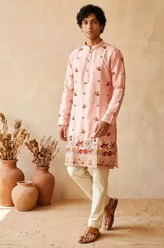 Pink colour silk kurta with cream cotton pajama