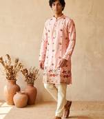 Pink colour silk kurta with cream cotton pajama