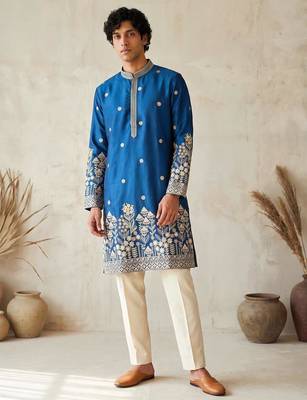 Royal blue colour silk kurta with cream cotton pajama 1