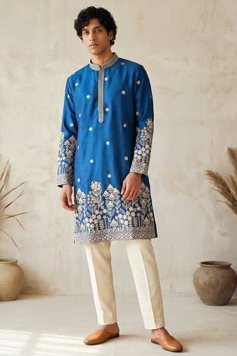 Royal blue colour silk kurta with cream cotton pajama