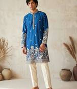 Royal blue colour silk kurta with cream cotton pajama