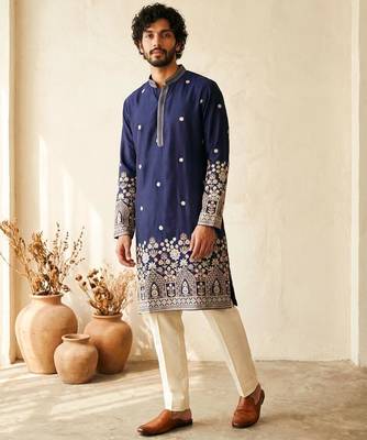 Navy blue colour silk kurta with cream cotton pajama 1